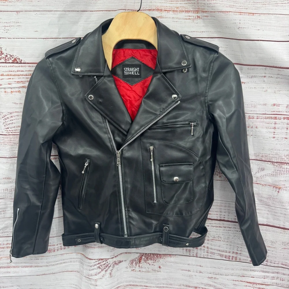 Straight to Hell Moto‎ Jacket Large Black Faux Leather Red Quilted Lined Belted